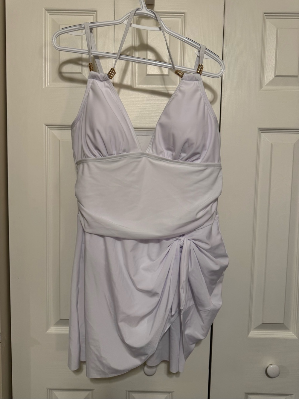 White Women's Draped Swimdress with Decorative Gold Accents